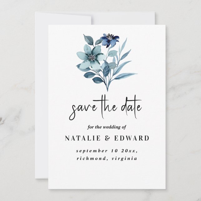 Rustikale Wasserfarben-Illustration Blaues Blumenb Save The Date (Vorderseite)