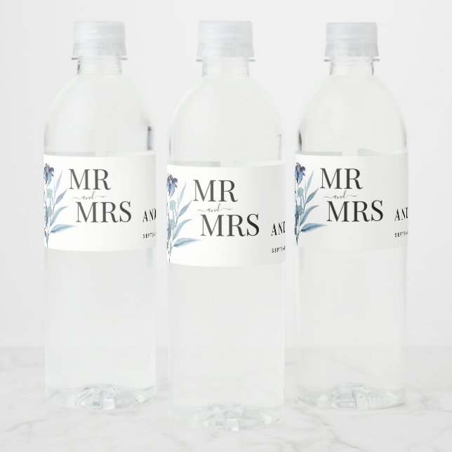 rustikale Wasserfarben-Illustration blaues Blumenb Wasserflaschenetikett (Flaschen)