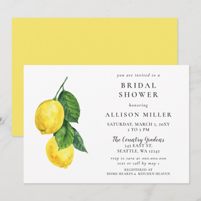 Rustikale Wasserfarben Lemon Bridal Dusche Einladu Einladung (Vorne/Hinten)