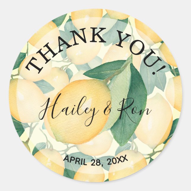 Rustikale Wasserfarben Lemons Grüne DANKE Runder Aufkleber (Vorderseite)