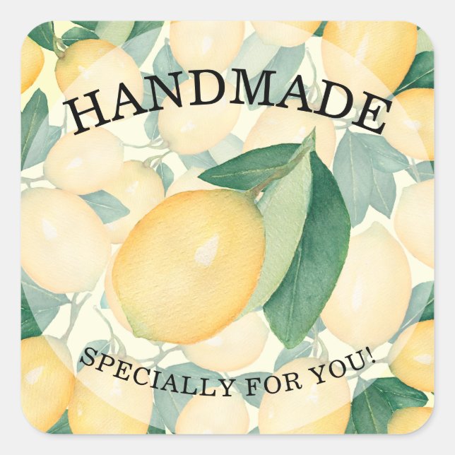 Rustikale Wasserfarben Lemons HANDMADE Quadratischer Aufkleber (Vorderseite)