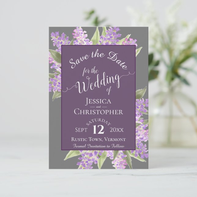 Rustikale Wasserfarben Lilacs Calligraphy Gray Wed Save The Date (Stehend Vorderseite)