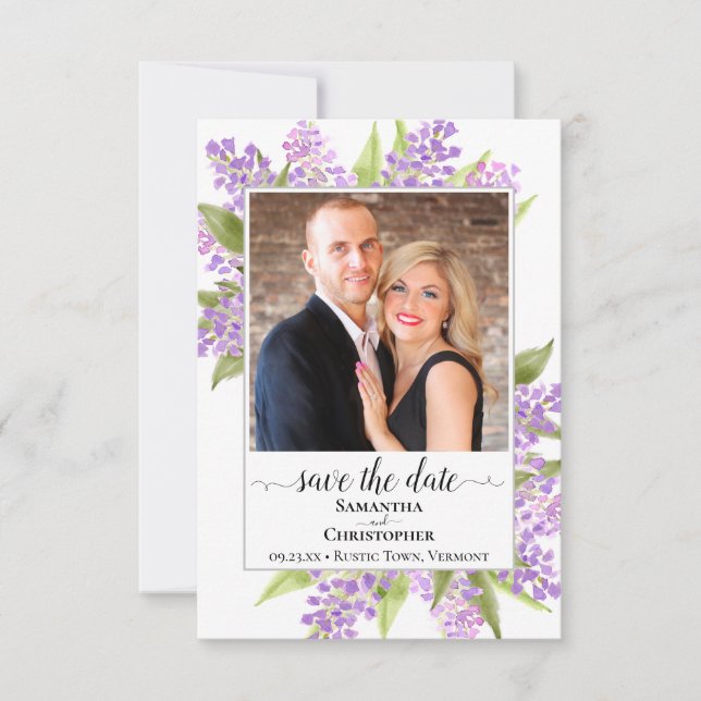 Rustikale Wasserfarben Lilacs & Foto Einfache Hoch Save The Date (Vorderseite)