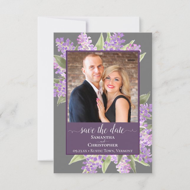 Rustikale Wasserfarben Lilacs & Foto Gray Wedding Save The Date (Vorderseite)