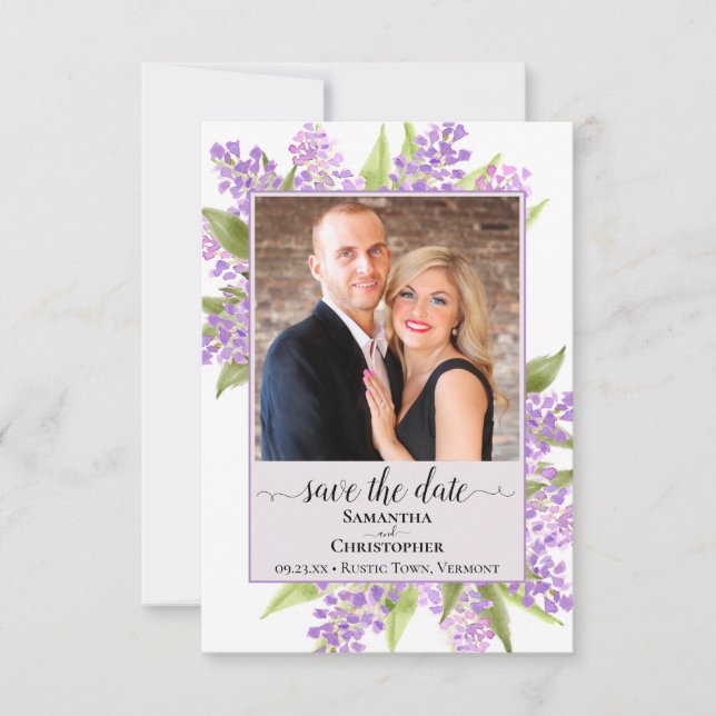 Rustikale Wasserfarben Lilacs & Foto Lavendel Wedd Save The Date (Vorderseite)