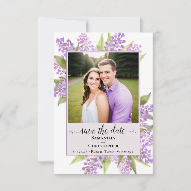 Rustikale Wasserfarben Lilacs & Foto Lavendel Wedd Save The Date (Vorderseite)