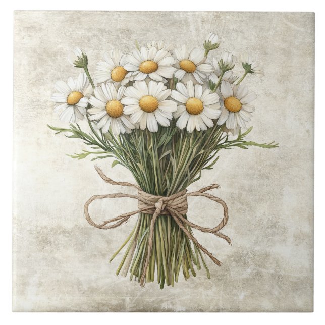 Rustikale Wasserfarben-Margeriten mit Twine-Design Fliese (Vorderseite)
