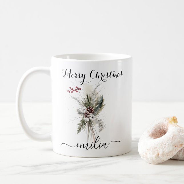 Rustikale Wasserfarben Pine Floral Frohe Weihnacht Kaffeetasse (Mit Donut)