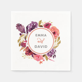 Rustikale Wasserfarben, rosa und Lila Blumenzehen Serviette