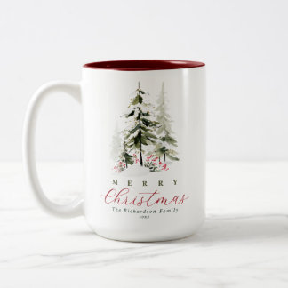 Rustikale Wasserfarben-Tannen Weihnachtsmuster Zweifarbige Tasse