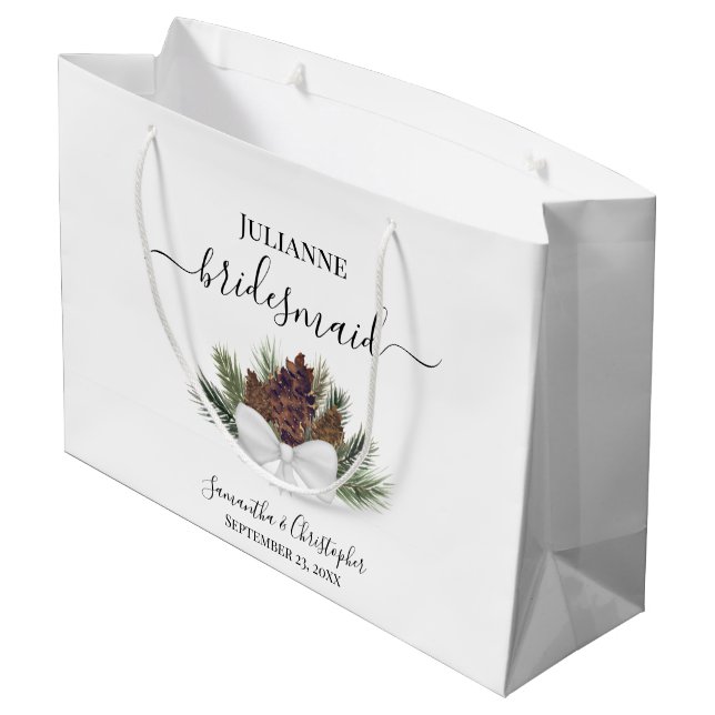 Rustikale Wasserfarben-Tannenzapfen-Hochzeitsbraut Große Geschenktüte (Rückseite Schrägansicht)