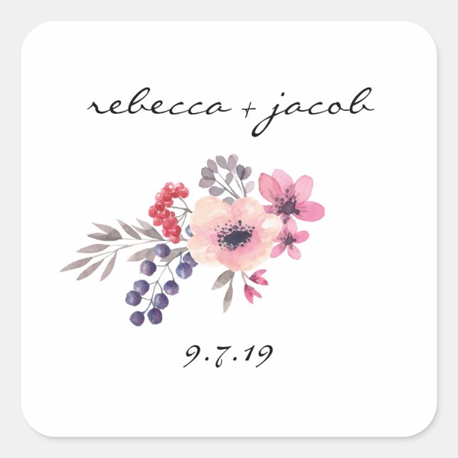 Rustikale Wasserfarbenbrille und Hochzeitsaufklebe Quadratischer Aufkleber (Vorderseite)