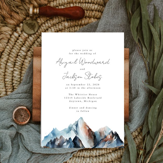 Rustikale Wasserfarbengebirge Blauer Graurost Hoch Einladung (The perfect invitation choice for a rustic mountain wedding.)