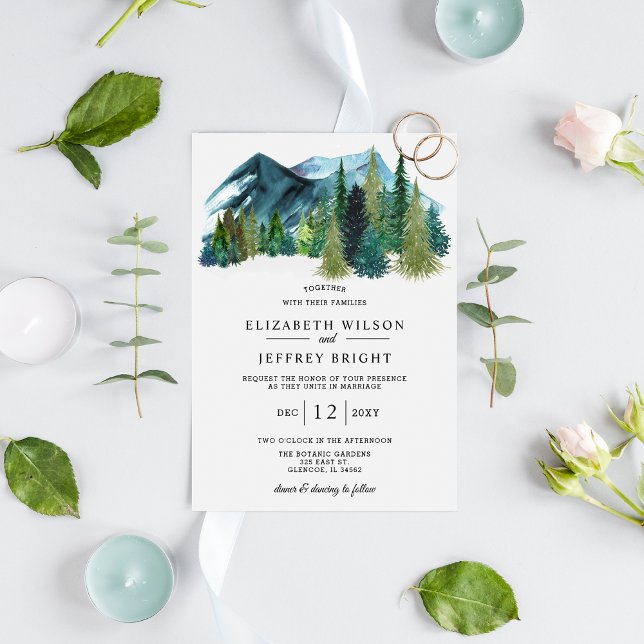 Rustikale Wasserfarbengebirge Pine Winter Wedding Einladung (Rustic Watercolor Mountains Pine Winter Wedding  Invitation )