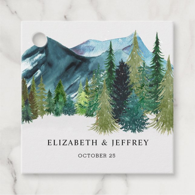 Rustikale Wasserfarbengebirge Pine Winter Wedding Geschenkanhänger (Vorderseite)