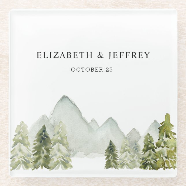 Rustikale Wasserfarbengebirge Pine Winter Wedding Glasuntersetzer (Vorderseite)
