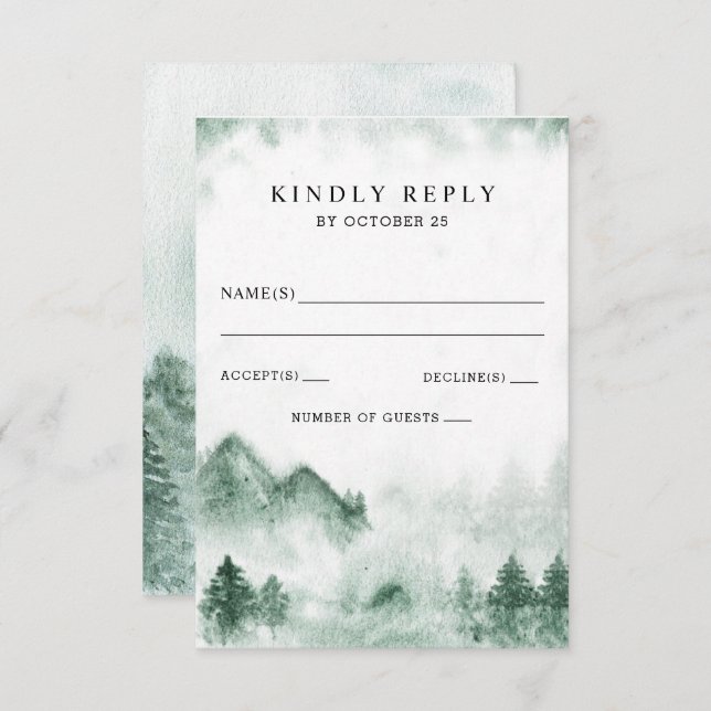 Rustikale Wasserfarbengebirge Pine Winter Wedding RSVP Karte (Vorne/Hinten)