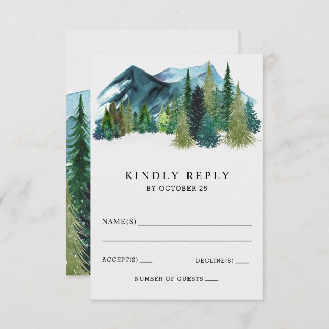Rustikale Wasserfarbengebirge Pine Winter Wedding RSVP Karte (Vorne/Hinten)