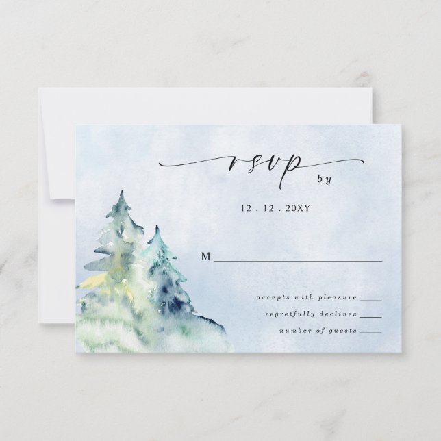 Rustikale Wasserfarbengebirge Pine Winter Wedding RSVP Karte (Vorderseite)