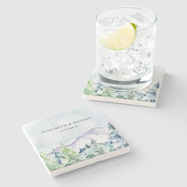 Rustikale Wasserfarbengebirge Pine Winter Wedding Steinuntersetzer (Seitenansicht)