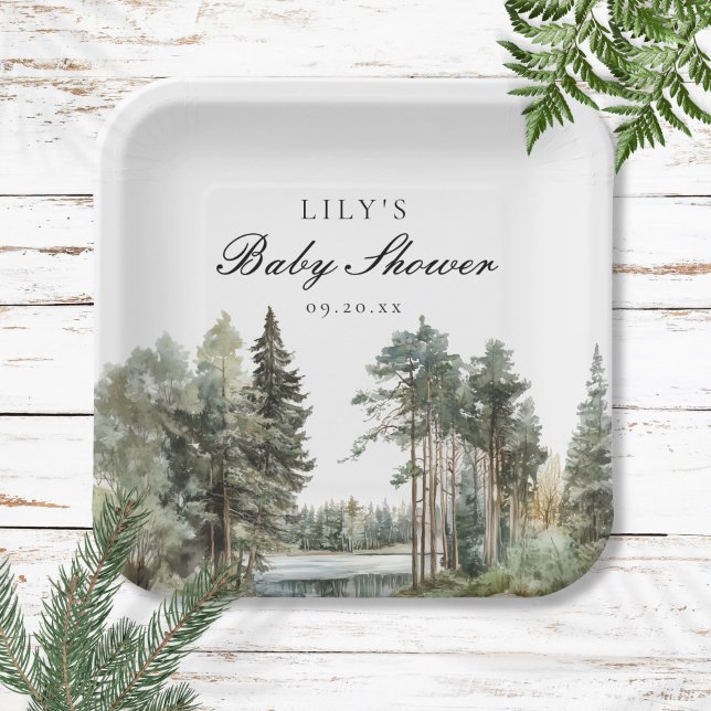 Rustikale Wasserfarbenwelt Wald-Wald Kinderdusche Pappteller (Rustic Watercolor Lake Forest Woodland Baby Shower Paper Plates)