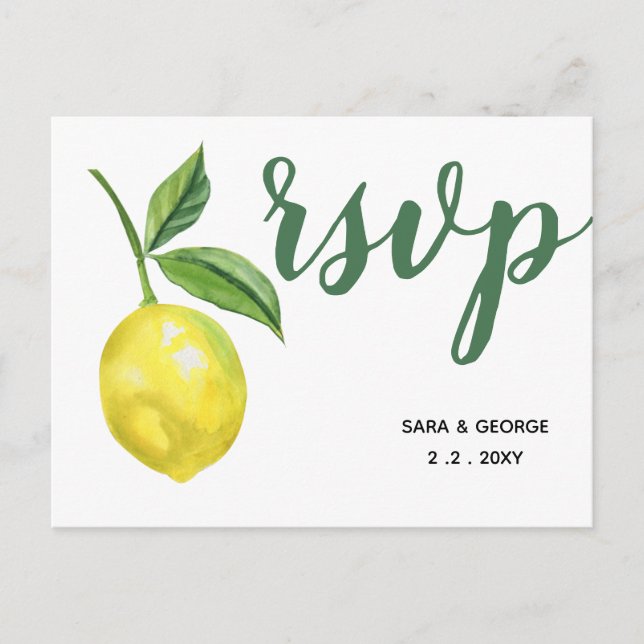 Rustikale Wasserfarbenzitrus Lemon Wedding RSVP Ca Einladungspostkarte (Vorderseite)
