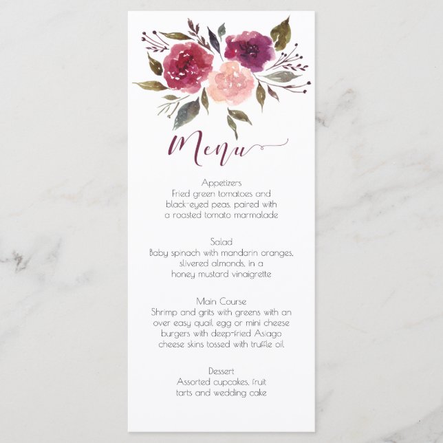 Rustikale Watercolor Burgund Pink Floral Menu Card Menükarte (Vorderseite)