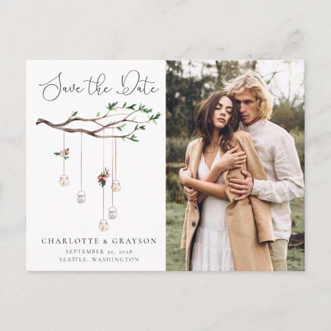 Rustikale Watercolor Forest Lights Save the Date Ankündigungspostkarte (Vorderseite)
