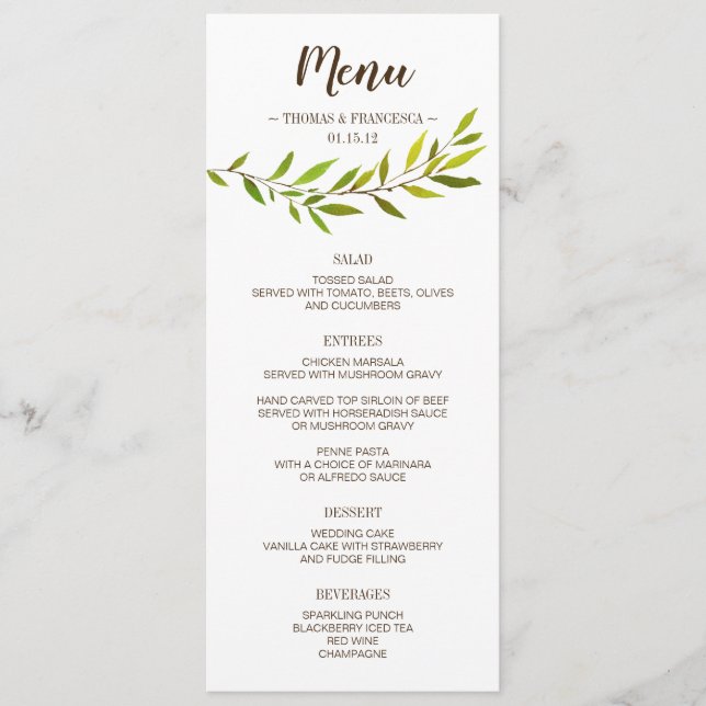 Rustikale Watercolor Greenerity Wedding Menu Card Menükarte (Vorderseite)