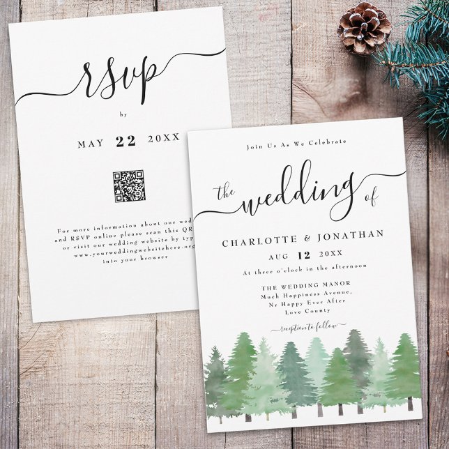 Rustikale Watercolor Wald Hochzeit QR Code Einladung (Modern watercolor Woodland forest rustic wedding qr code rsvp invitation elegant script )
