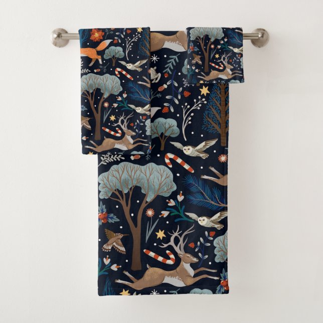 Rustikale Watercolor Woodland Tiere Bäume Weihnach Badhandtuch Set (Insitu)