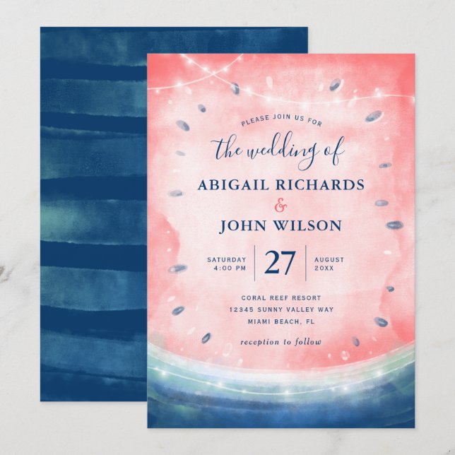 Rustikale Watermelon Navy Pink Elegante Sommerhoch Einladung (Vorne/Hinten)