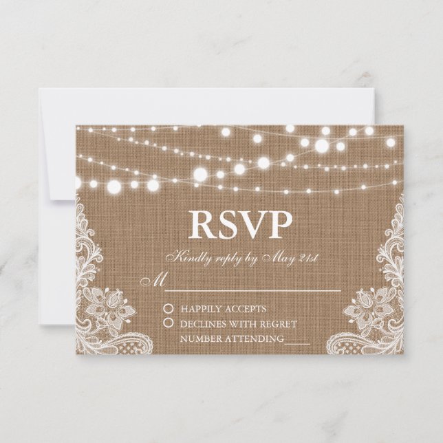 Rustikale Wedding Burlap String Lights Lace RSVP K (Vorderseite)
