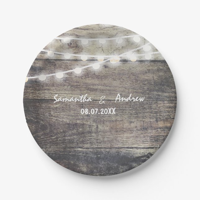 Rustikale wedding Holz- und Schnurlichter Pappteller (Vorderseite)