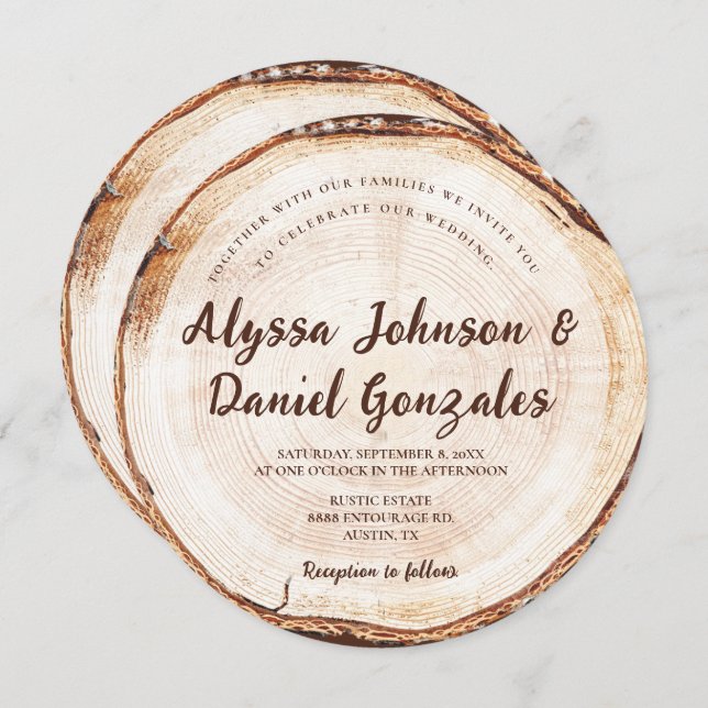 Rustikale Wedding Script-Namen Wood Cut Slice Einladung (Vorne/Hinten)