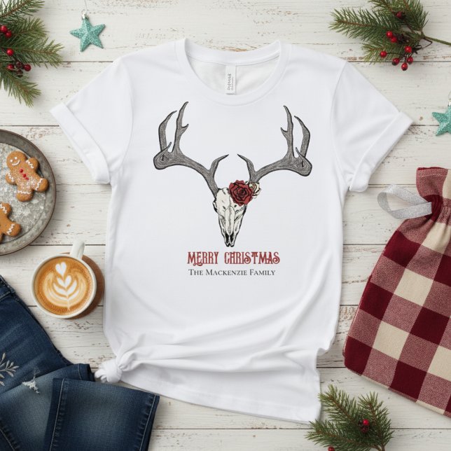 Rustikale weibliche Schädelhirsche T-Shirt (Country Christmas Womens T-Shirt. Rustic Merry Christmas Floral Reindeer Skull Antlers Illustration)
