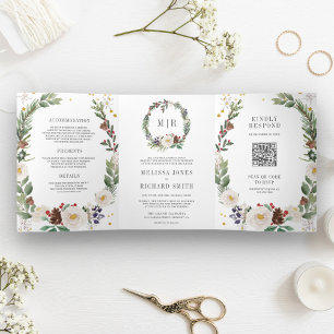 Rustikale Weihnachts-Blumenmonogramm-QR-Code-Hochz Dreifach Gefaltete Einladung