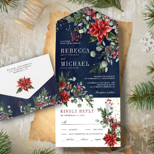 Rustikale Weihnachts-Poinsettien-Blumen Navy-Hochz All In One Einladung