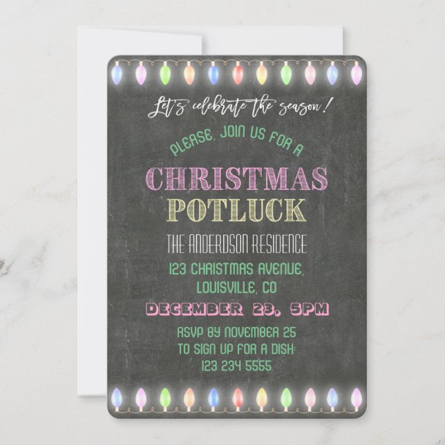 Rustikale Weihnachts Potluck Chalkboard String Lig Einladung (Vorderseite)