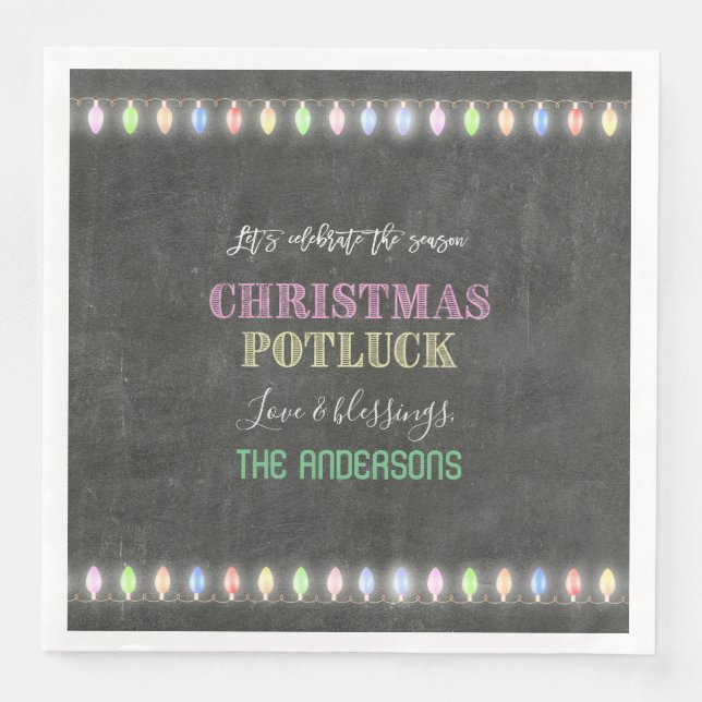 Rustikale Weihnachts Potluck Chalkboard String Lig Serviette (Vorderseite)