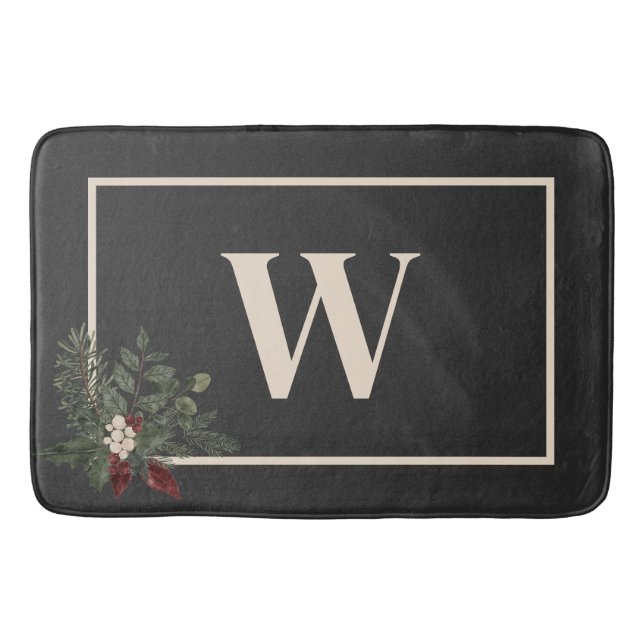 Rustikale Weihnachts-Schwarz-Creme-Monogramm-Pine Badematte (Vorderseite)