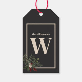 Rustikale Weihnachts-Schwarz-Creme-Monogramm-Pine Geschenkanhänger