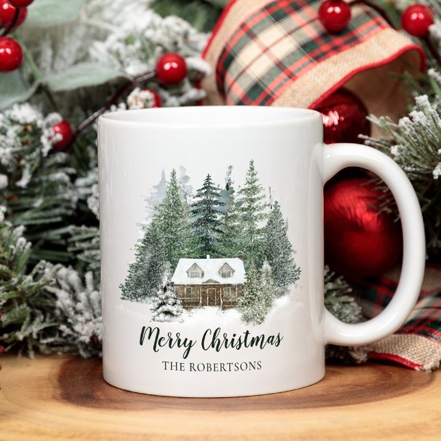 Rustikale Weihnachts-Waldhütte Kaffeetasse (Von Creator hochgeladen)
