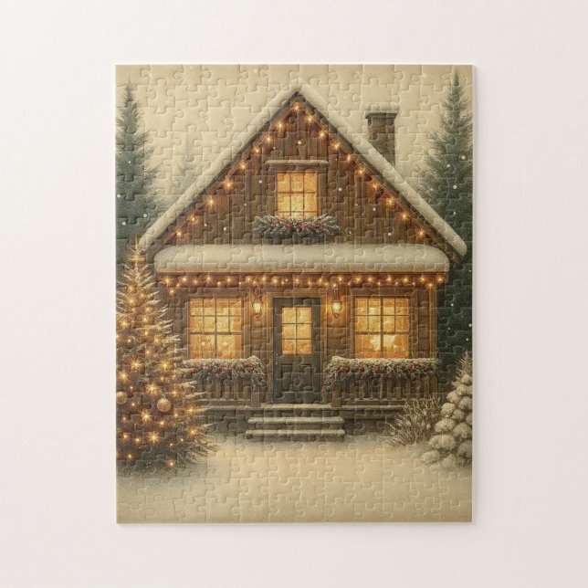 Rustikale Weihnachts-/Winterhütte Puzzle (Vertikal)