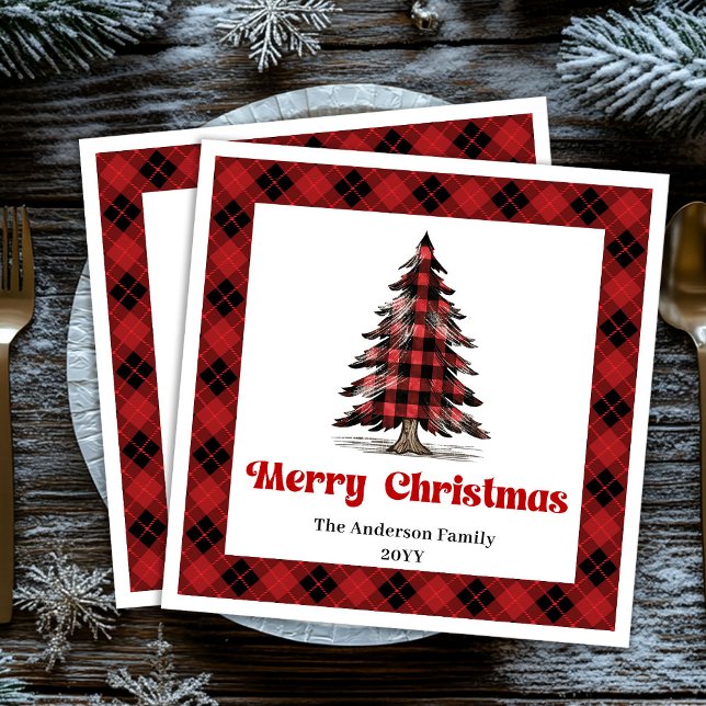 Rustikale Weihnachtsbaum-Buffalo-Serviette persona Serviette (Rustic Buffalo Christmas Tree Napkin Personalized)