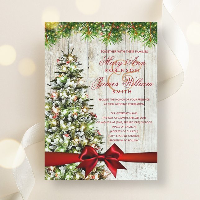 Rustikale Weihnachtsbaum, Lichter & Rotes Band Einladung (Rustic Christmas Wedding Tree, Lights & Red Ribbon Invitation)