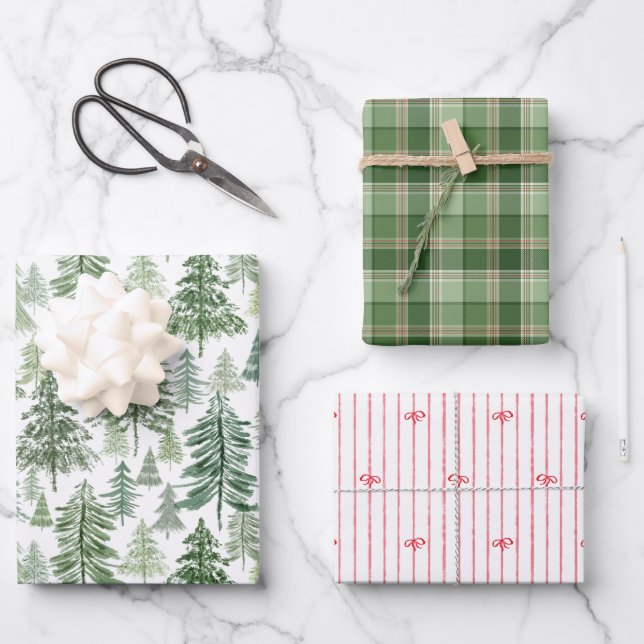 Rustikale Weihnachtsbäume Karo und rote Schleifen Geschenkpapier Set (Vorderseite)