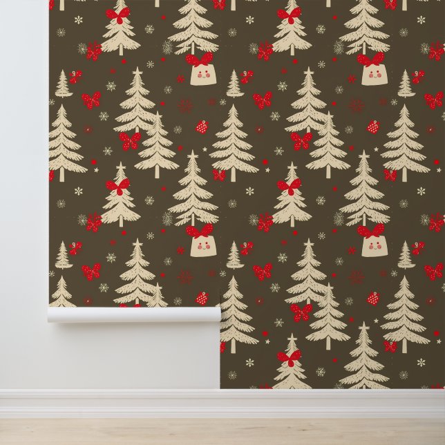Rustikale Weihnachtsbäume und Rote Bogen Tapete (Anwendung)