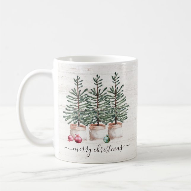Rustikale Weihnachtsbaumen Frohe Weihnachten Kaffeetasse (Links)