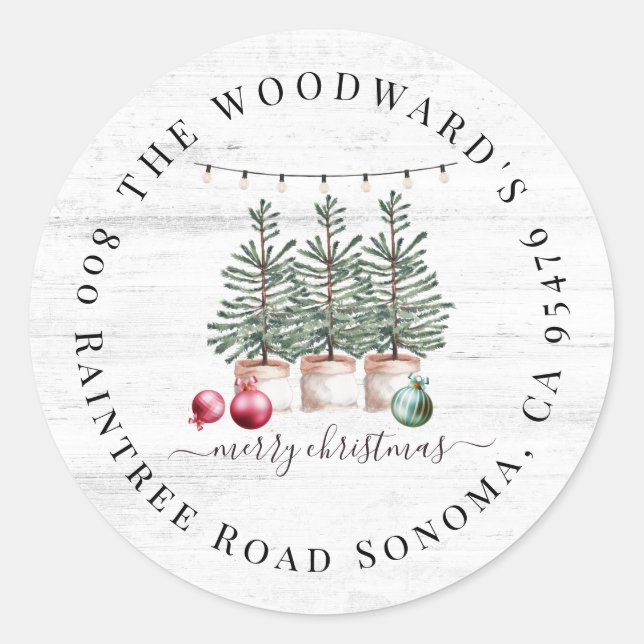 Rustikale Weihnachtsbaumen Rücksendeadresse Sticke Runder Aufkleber (Vorderseite)